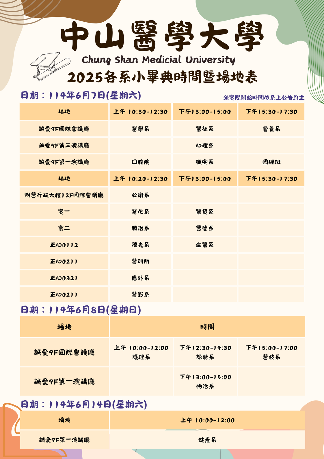 各系小畢典時間暨場地表